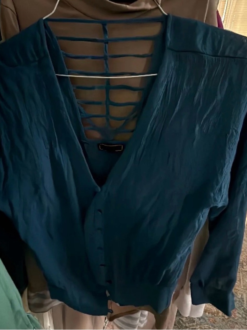 Pearl Blue Button-Front Blouse with Ladder Back Straps